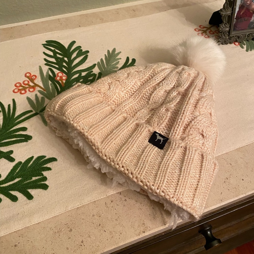 Beige Victoria Secret Pink Beanie with UGG Sheepskin inside